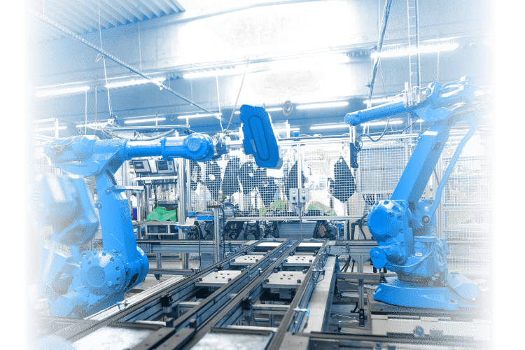 Manufacturing center with blue industrial robotic arms.